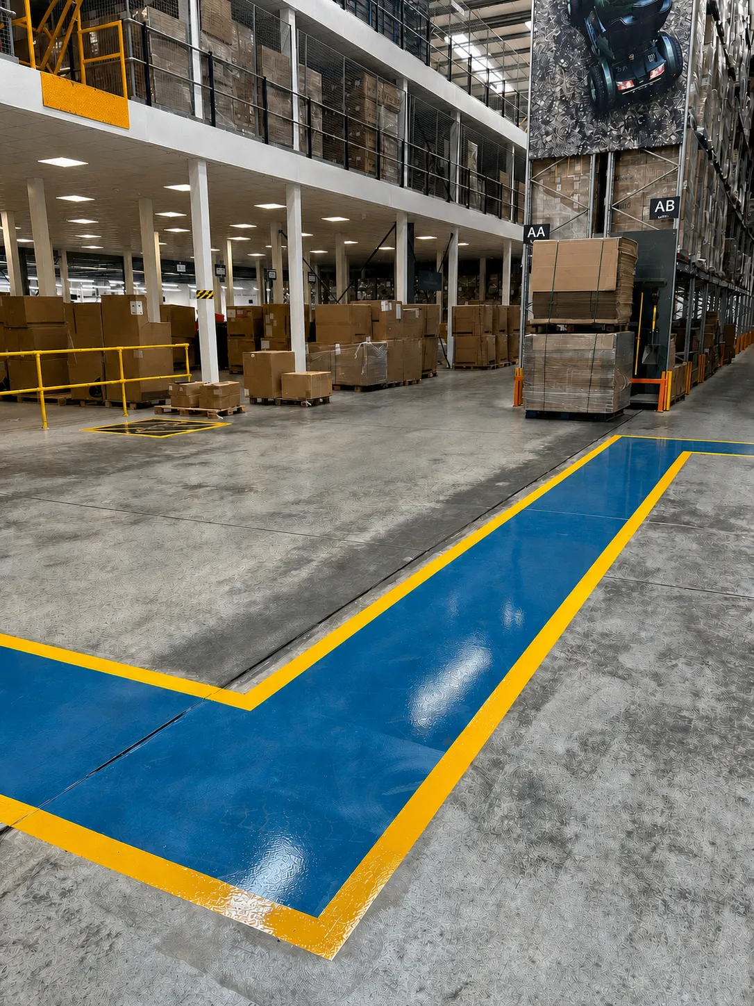 A two-tier steel mezzanine floor holding palletised stock above a ground-floor packing area, beside high bay racking and a demarcated walkway.