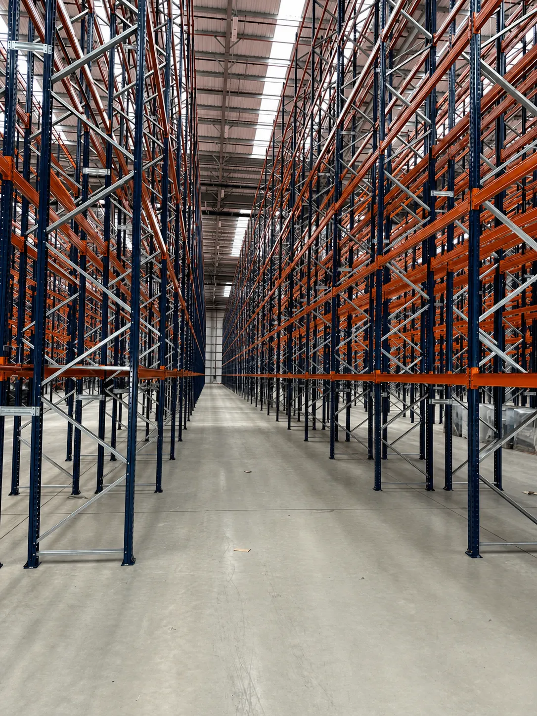 Tall runs of adjustable pallet racking with orange beams and braced frames either side of a wide aisle in a high warehouse.