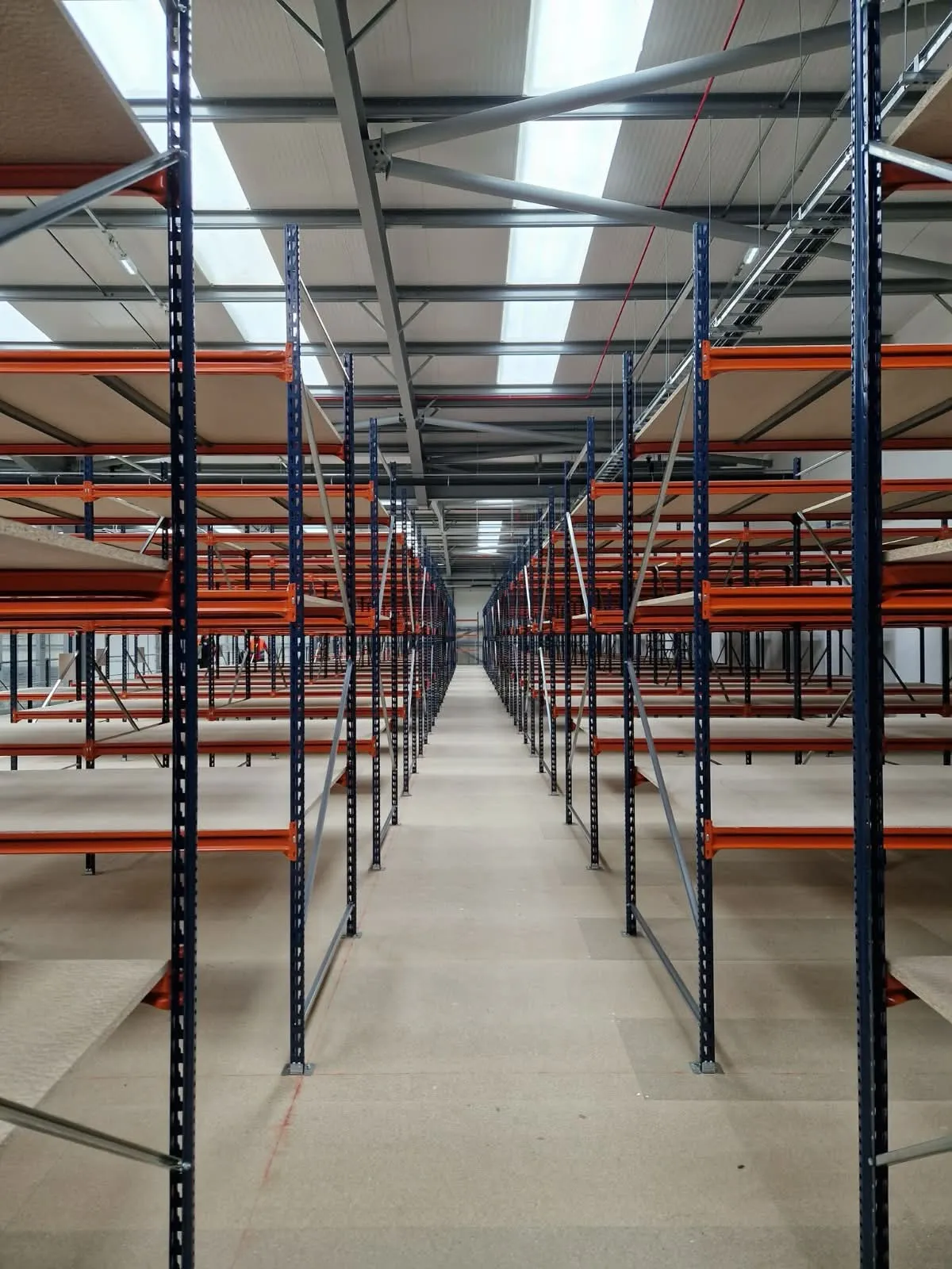 Rows of long-span shelving bays with timber shelf levels